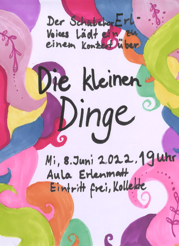 Plakat "Die kleinen Dinge". Bunte Formen in Pastellfarben. Titel des Konzerts und Datumsangaben.